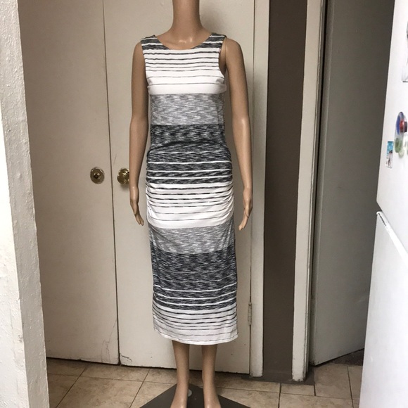 Athleta Dress/ Athleta white black striped Ruched midi dress - Picture 2 of 5